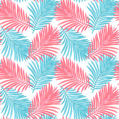 Seamless tropical background. Hand-drawn illustration of palm leaves. Background to create your design: packaging, invitations, greetings, textiles, wallpaper, etc. 