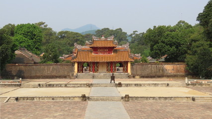 Ornate old buildings and statues with a large park in the "Minh Mang Tomb in" Hue "in central Vietnam in March 2019