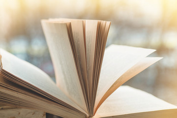 Opened books on vintage windowsill with a beautiful flower vase. Background from books. Books Opened