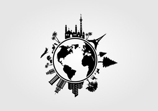 travel around the world and globe silhouette