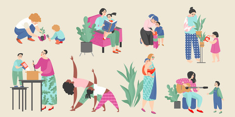 Set of vector illustrations on the theme of motherhood with cute moms and their children doing everyday activities.