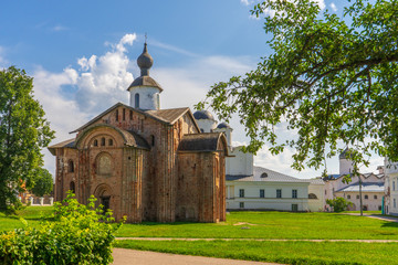 St. Paraskeva Pyatnitsa church at Yaroslav's Court in Velikiy Novgorod, Russia. Summer landscape with architectural landmark. Monument of ancient russian architecture. UNESCO world heritage site