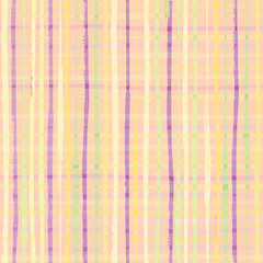 Modern checkwork seamless vector pattern. Checkered pastel yellow, purple and green design with hand drawn stripes. Great for wellbeing, baby, summer, kitchen, party products, packaging, stationery.