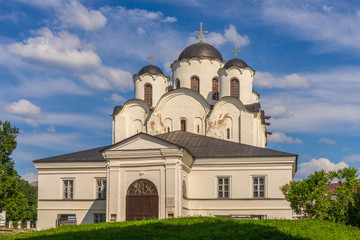 Fototapeta na wymiar St. Nicholas Cathedral at Yaroslav's Court in Velikiy Novgorod, Russia. Summer landscape with architectural landmark. Monument of ancient russian architecture. UNESCO world heritage site