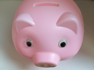 Pink piggy bank for savings with white background.