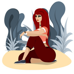 A woman with her hair is sitting on the ground in the garden. Illustration in flat style.