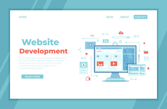 Web development, optimization, user experience, user interface in e-commerce. Website layout elements, photo, video, program code, search bar, site wireframe. landing page template or banner. Vector