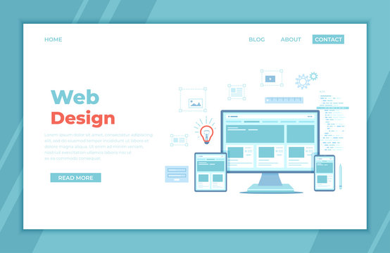 Web Design. Website template for monitor, laptop, tablet, phone. Elements for mobile and web applications. User Interface UI and User Experience UX content organization. landing page, banner. Vector
