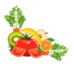 Group of Organic Fresh Vegetables and Fruits for Healthy Food concept. Corner border for your design. Vector illustration.