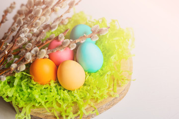 Easter eggs on the grass with willow branches