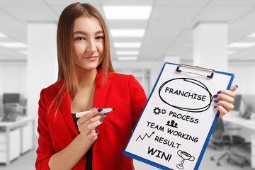 Business, technology, internet and networking concept. Young entrepreneur showing keyword: Franchise