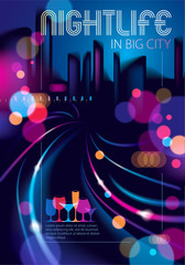 Big city nightlife with street lamps and bokeh blurred lights. Effect vector beautiful background. Blur colorful dark background with cityscape, buildings silhouettes skyline