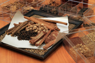 Dried Herbs in tray purpose sacrificial offering or thai and chinese alternative medicine traditional therapy.