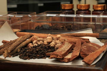 Dried Herbs in tray purpose sacrificial offering or thai and chinese alternative medicine traditional therapy.