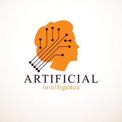 Computer human android bot, artificial intelligence concept. Human profile with electronics elements icon. Vector logo design. Smart software, idea of intelligent machines and computer programs.