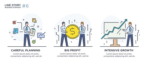 Set of illustrations concept with businessmen. Workflow, growth, graphics. Business development, milestones. linear illustration Icons infographics. Landing page site print poster. Line story