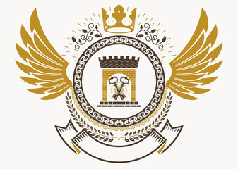 Luxury heraldic vector emblem template made using bird wings, medieval tower and imperial crown