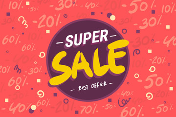 Fototapeta premium Best sale banner. Original poster for discount. Bright abstract background with text. Vector illustration. super sale, discount percentage 70, 50, 30, 60 20 40 handwritten text, typography. vector