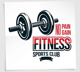 Sports club vector promotion card composed using disc weight dumb-bell sport equipment. No pain no gain writing.