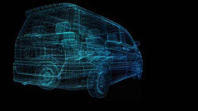 Minivan. Wireframe triangle formation of 3d Model minivan. Rotating 360 Degree.