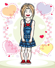 Beautiful little blonde girl wearing casual clothes and standing on colorful backdrop with loving hearts. Vector human illustration.