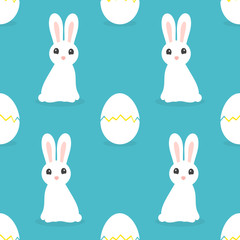 Easter bunnies and eggs samless blue pattern.