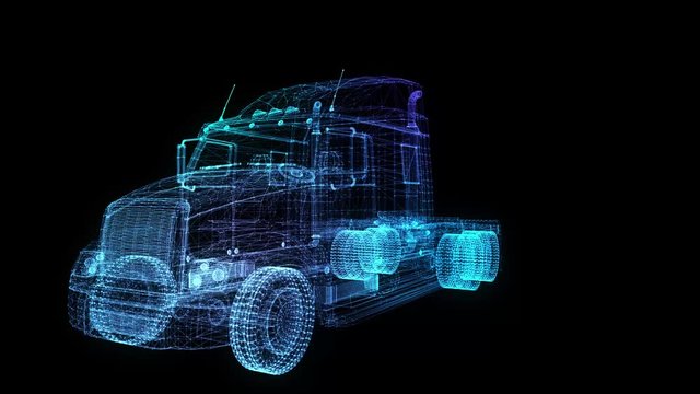 Truck. Glow points and line formation of 3d Model Truck. Rotating 360 Degree. 4k animation.