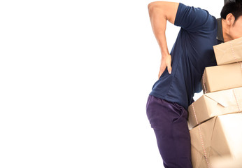 Worker courier male mover holding package parcels boxes with backache while lifting brown card...