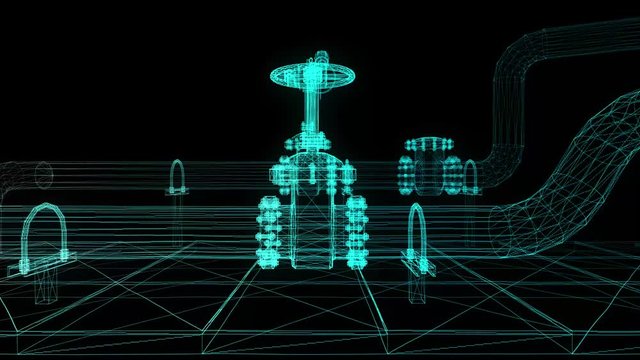 Industrial equipment electric valve. Wire-frame. Digital technology 3d rendering 360 degrees rotation. Seamless animation