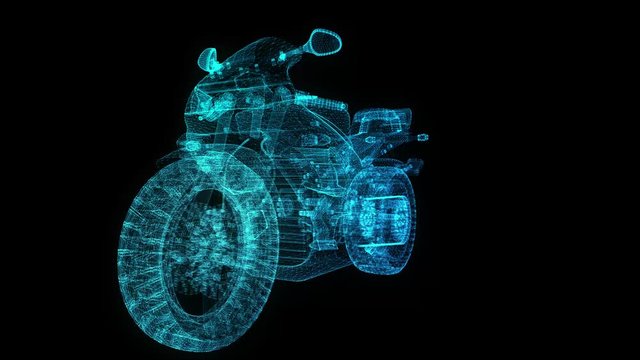 Rotating motorcycle. Glowing Light Particles Arranged in the Formation of Model motorcycle 360 Degree. Seamless Looping Motion Animated Background. Blue Cyan color.