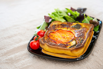 tomato vegetable pie with zucchini and eggplant, chili