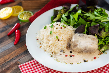 Veal Paupiette stewed with cream and rice