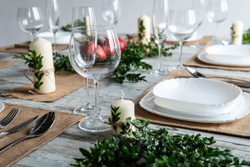 Beautiful table setting with lavender flowers on wooden background
