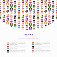 People concept with flat icons: smiling cartoon male and female heads. Avatars of people with different races: caucasian, asian, african, hindu. Modern vector illustration for print media template.