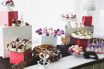 Delicious sweets on wedding candy buffet with desserts, cupcakes