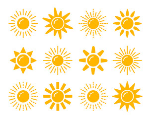 Sun symbol collection. Flat vector icon set. Sunlight signs. Weather forecast. Isolated object
