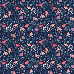 Floral pattern. Pretty flowers on dark blue background. Printing with small white flowers. Ditsy print. Seamless vector texture. Spring bouquet