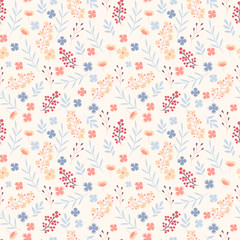 Vector floral pattern in doodle style with flowers and leaves. Gentle colors, spring floral background. Can be used for wallpaper, pattern fills, surface textures, fabric prints