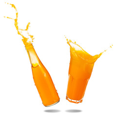 Couple orange juice splashing out of glass and bottle isolated on white background.