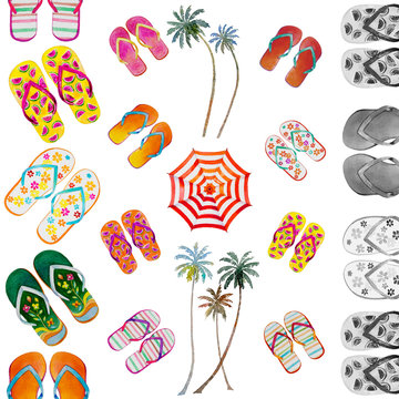 Summer time with sea beach slippers umbrella.