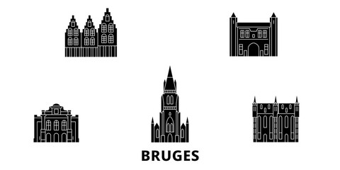 Fototapeta premium Belgia, zestaw panoramę płaskich podróży Brugia. Belgia, czarna panorama wektor miasta Brugia, ilustracja, zabytki turystyczne, zabytki, ulice.
