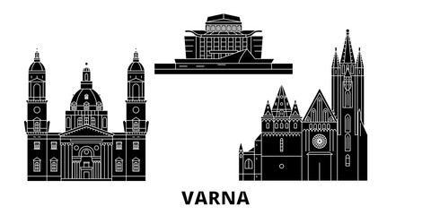 Bulgaria, Varna flat travel skyline set. Bulgaria, Varna black city vector panorama, illustration, travel sights, landmarks, streets. - obrazy, fototapety, plakaty