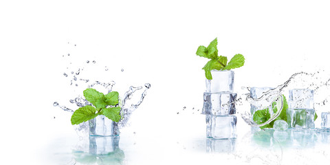ice cubes and splashing water with mint on a white background