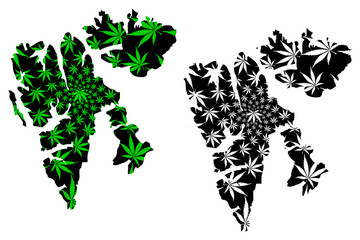 Svalbard - map is designed cannabis leaf green and black,  Spitsbergen, Nordaustlandet and Edgeoya map made of marijuana (marihuana,THC) foliage,