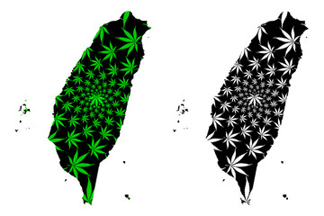 Taiwan - map is designed cannabis leaf green and black, Republic of China (ROC) map made of marijuana (marihuana,THC) foliage,