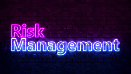 Concept Risk Manager. Purple and Blue Neon inscription on a dark brick wall. 3d illustration