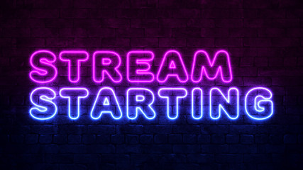 Obraz premium Stream starting background. Purple and Blue Neon inscription on a dark brick wall. Professional gaming stream banner design. Streaming event poster concept. 3d illustration
