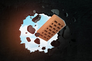 3d rendering of red brick seen through gap in black wall