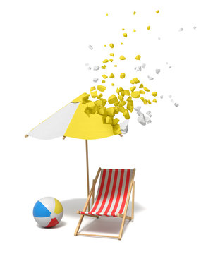 3d rendering of striped beach chair, wind ball, and beach sunbrella which is starting to dissolve into pieces from its top on white background.