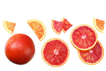 Red blood orange fruit with slices isolated on white background. top view